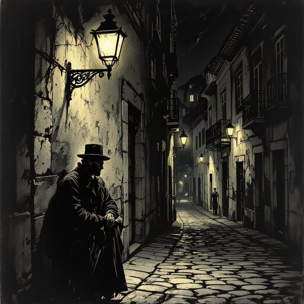 Watchman in Darkening 19th Century Lisbon Street
