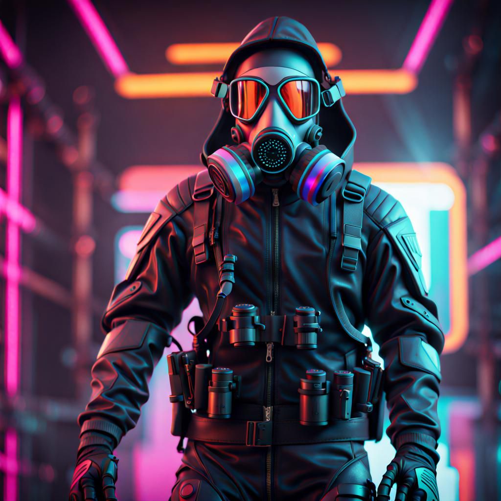 Futuristic Neon Soldier in Gas Mask