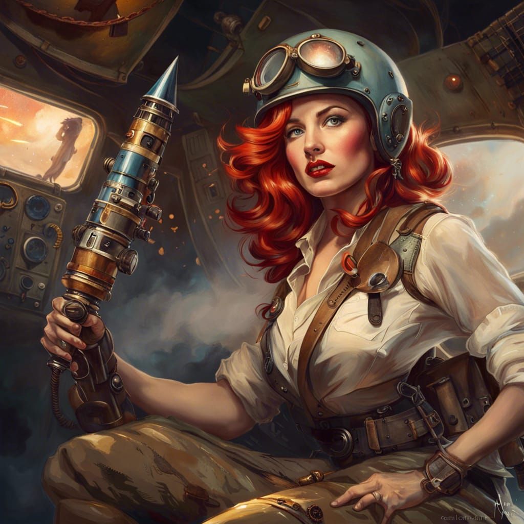 Redhead Pinup Rides Rocket Over Battlefield