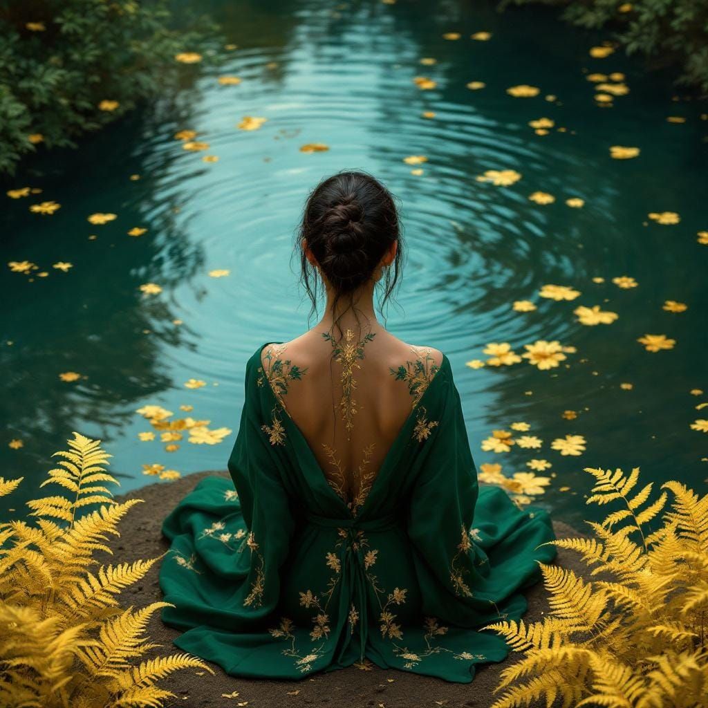 Solitary Figure by Pond with Golden Ferns