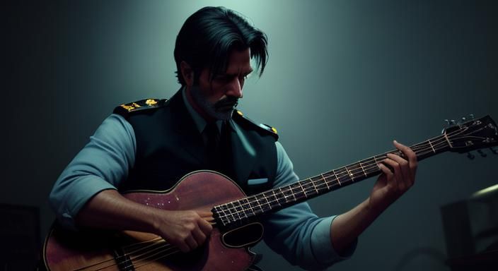 Film Noir Detective Plays Sitar in Moody Lighting