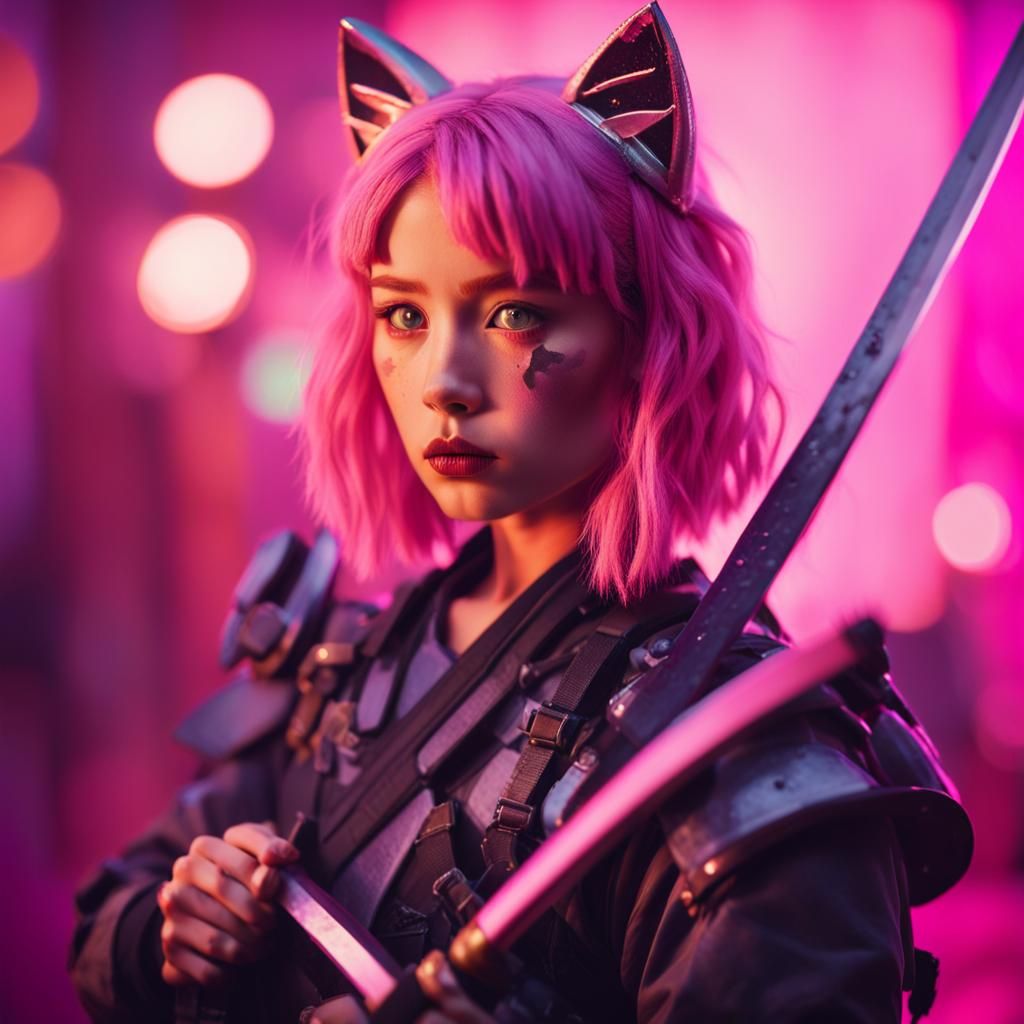 Pink-Haired Warrior with Katana in Cinematic Lighting