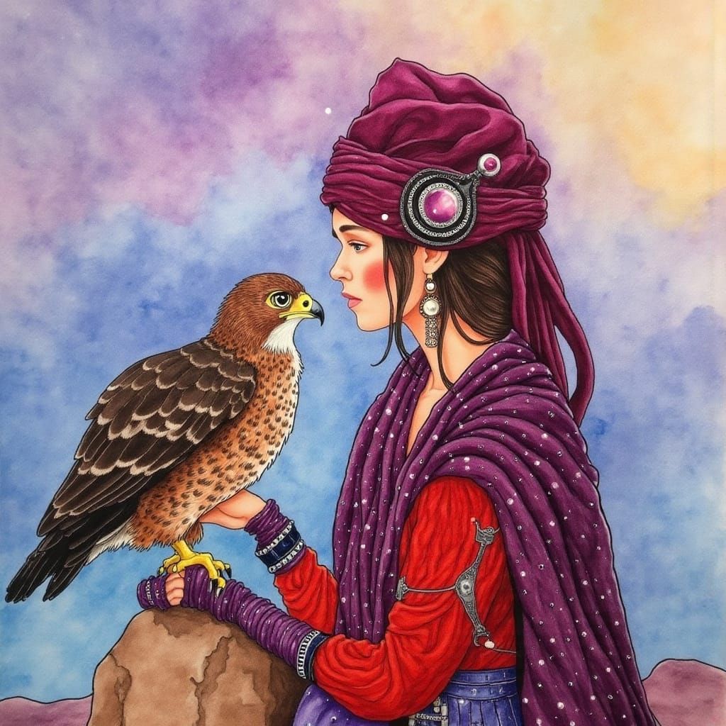 <lora:Ozdemir style:1.0> A beautiful young woman in a futuristic nomadic outfit, wearing a textured Scarlett and purple ...