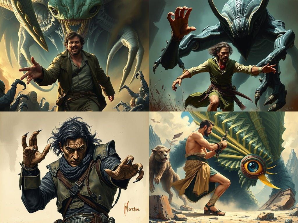 Man Escaping Centuries-Old Monster in Central Composition