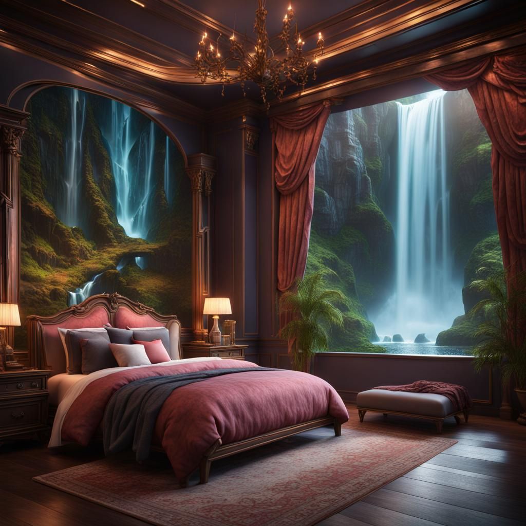 Fantastical Bedroom with Waterfall in Detailed Matte Paintin...
