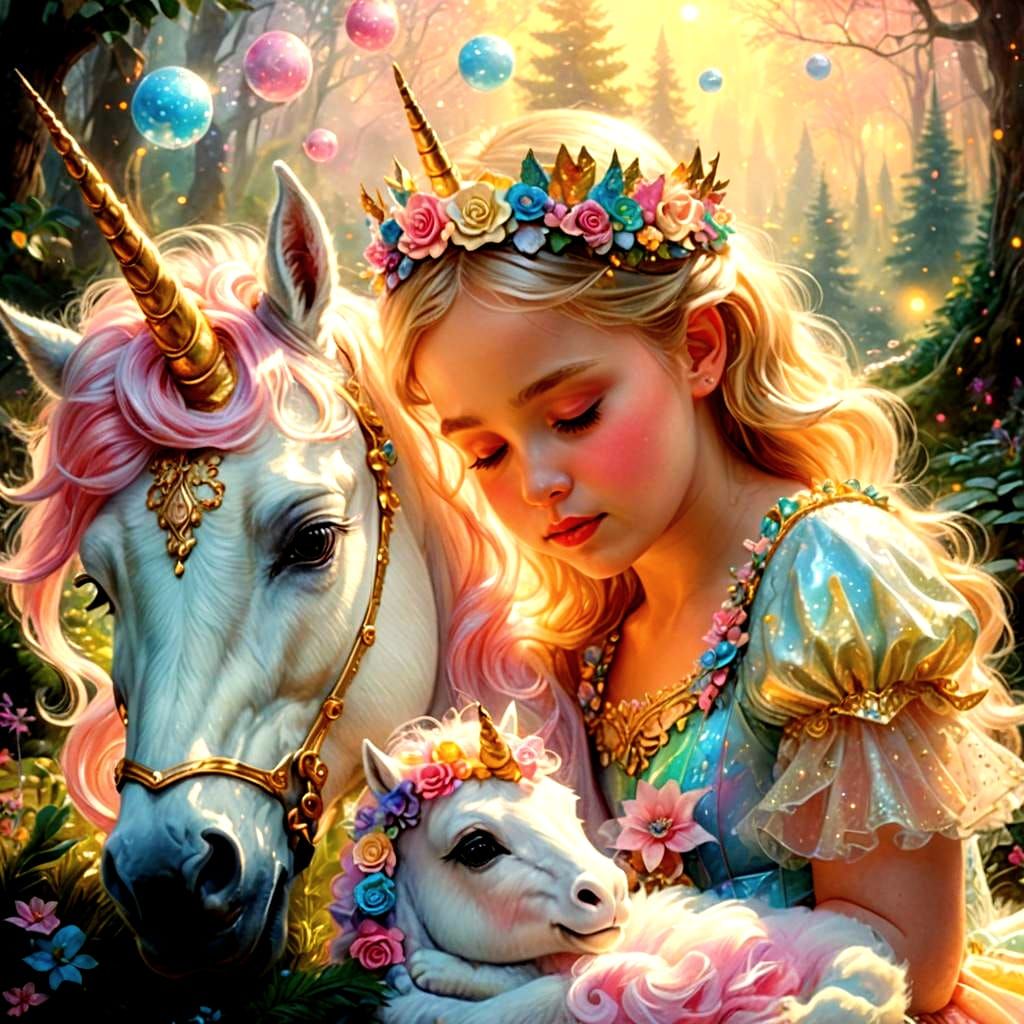 Baby Princess Sleeping with Magical Unicorn in Candy Art Sty...