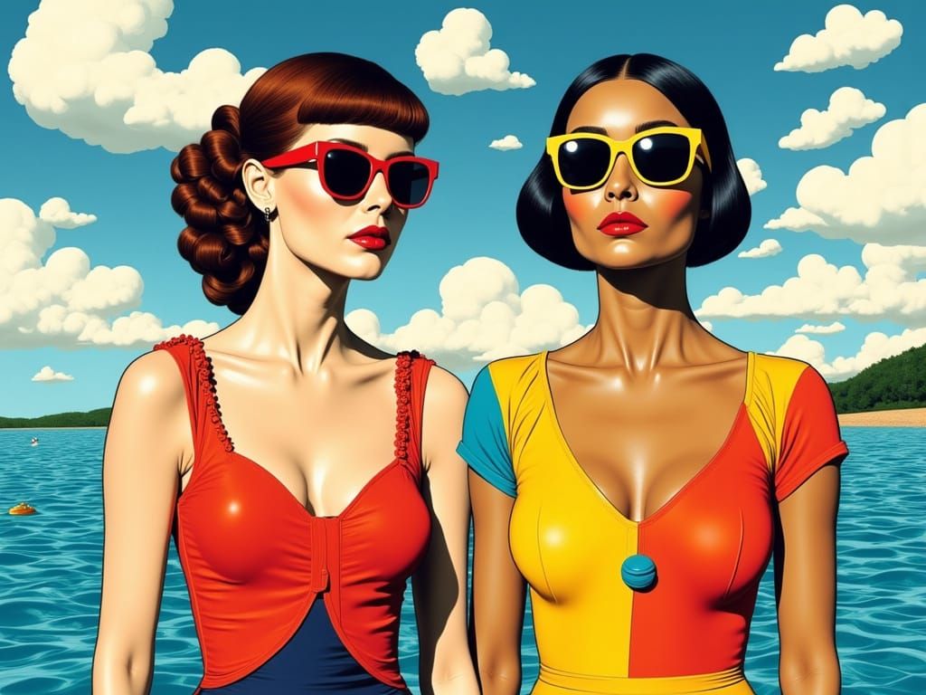 Pop Surrealist Women in Sunglasses by the Water
