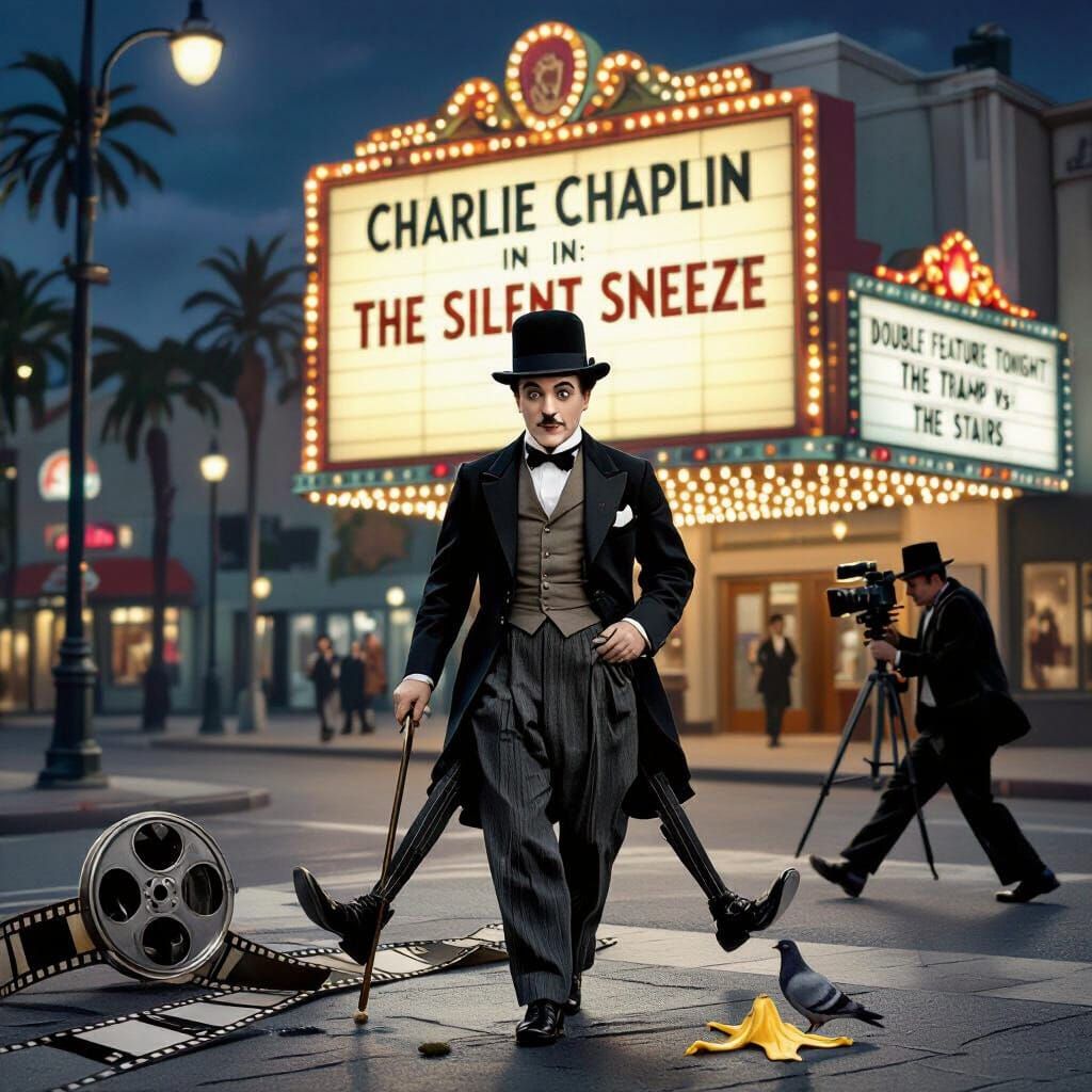 Chaplin Walks Vintage Hollywood Boulevard in NightCafe Style