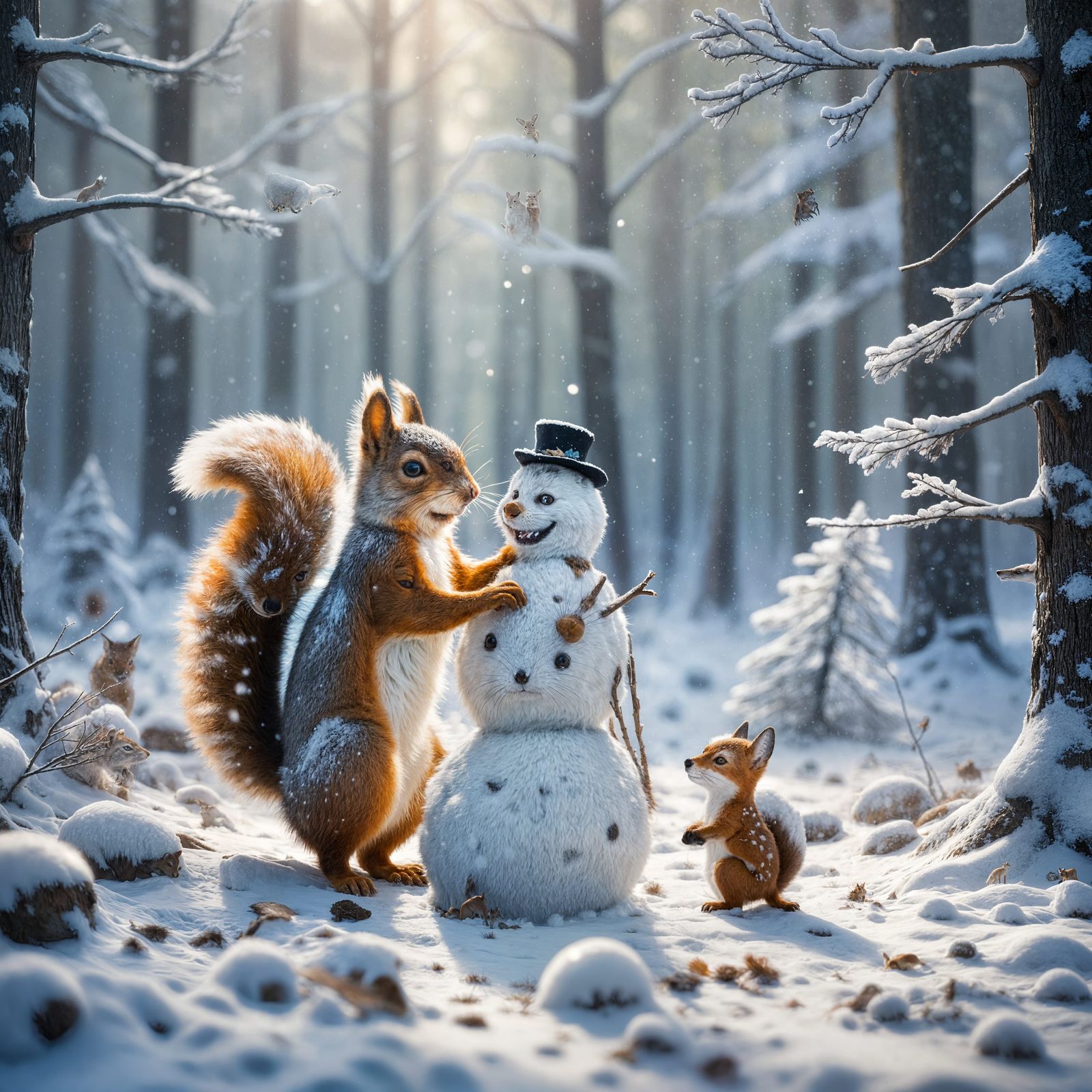 Squirrel, Fox, and Deer Unite in Snowy Forest Wonderland