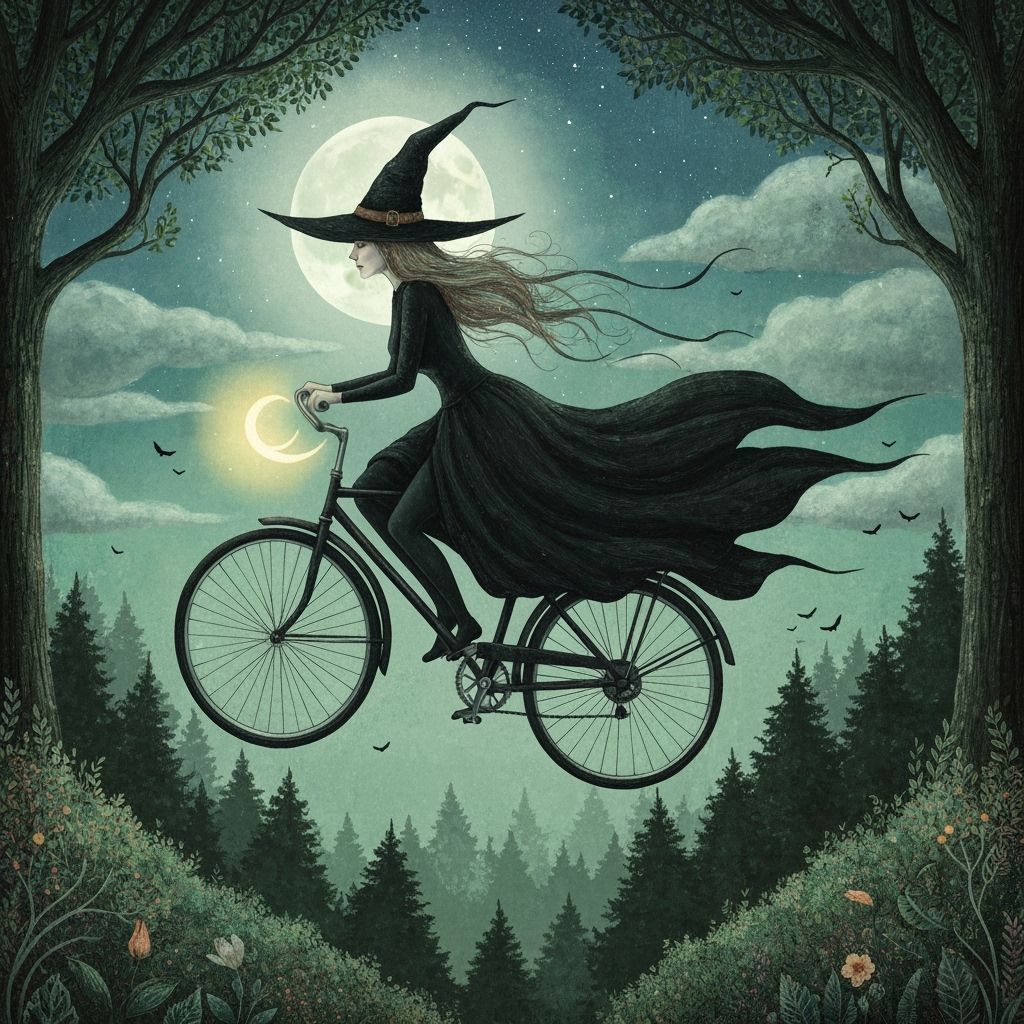 Whimsical Witch Soaring on Bicycle at Night