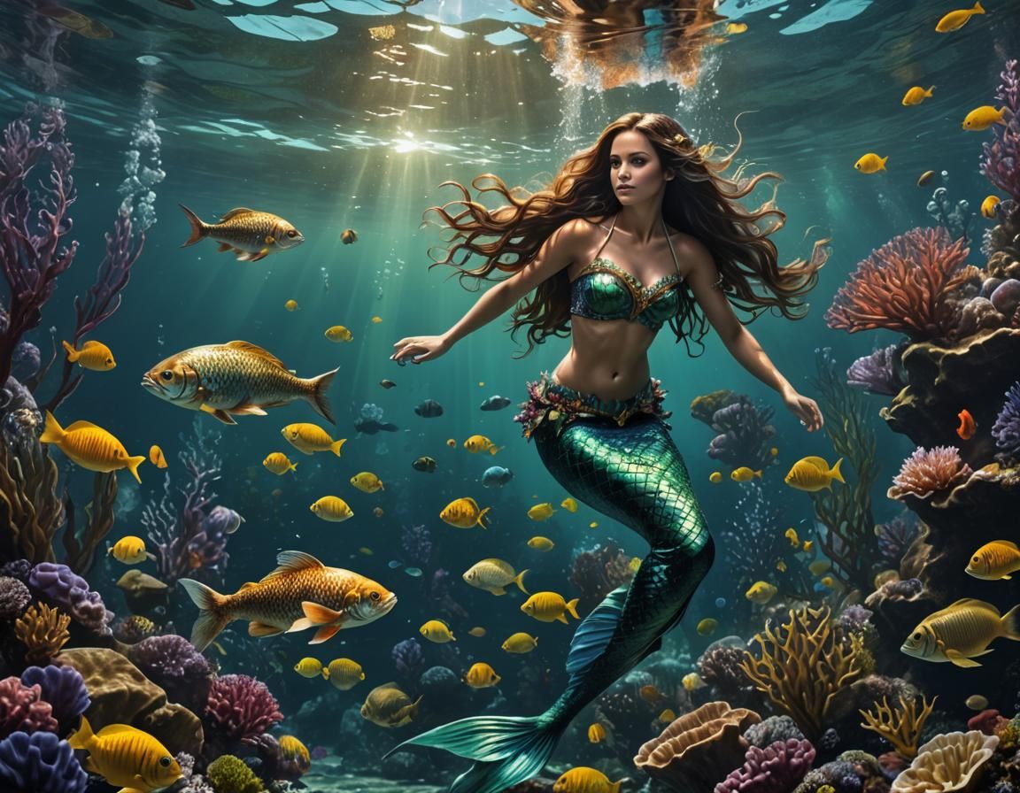 Beautiful brunette Mermaid swimming underwater with fish, se...
