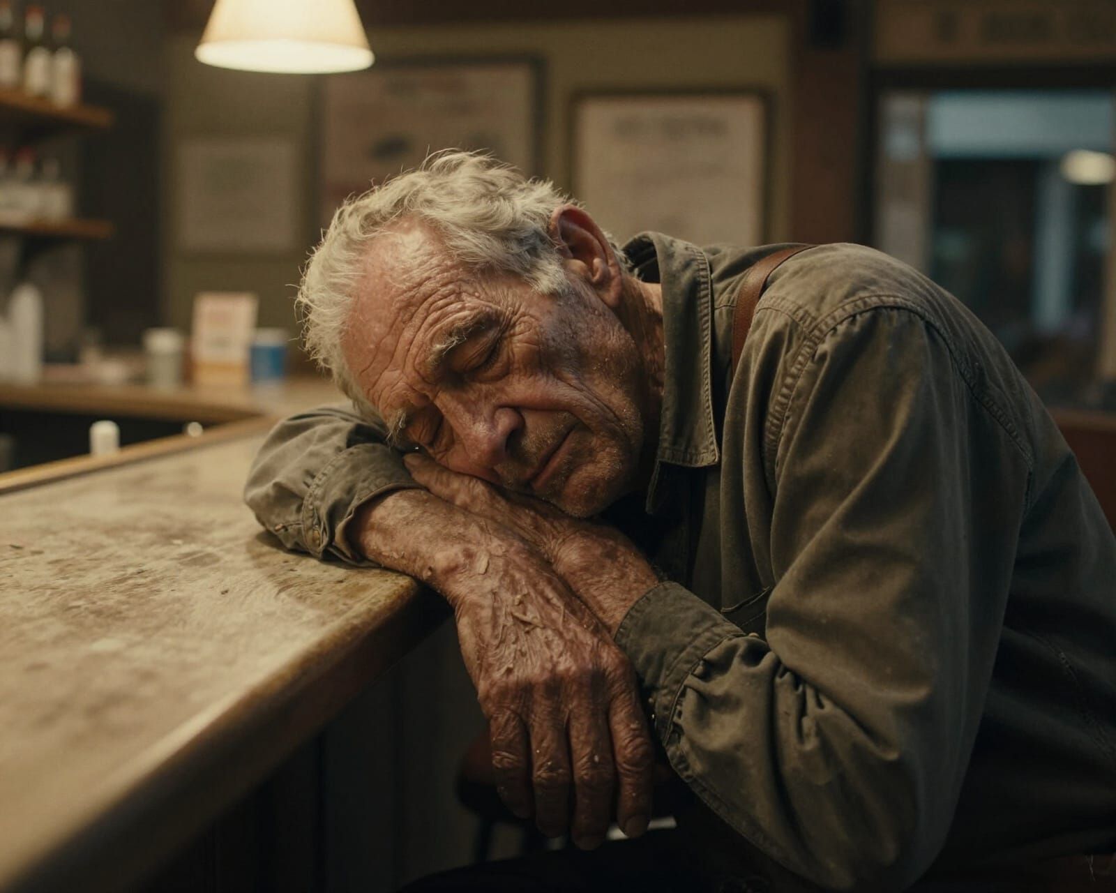 Old Man Asleep in Quiet Cafe at Night