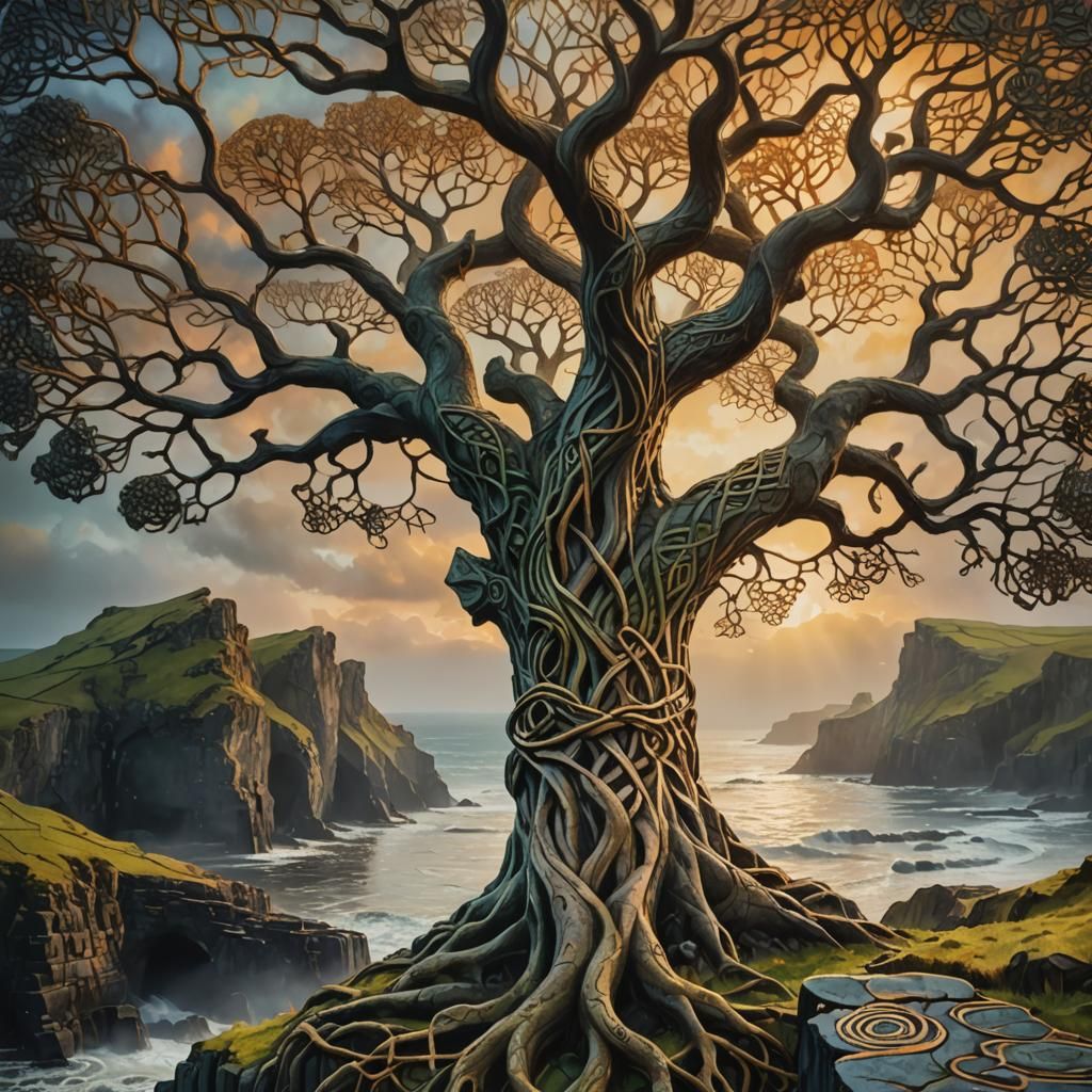 Celtic Tree of Life Over Giant's Causeway in Encaustic Art