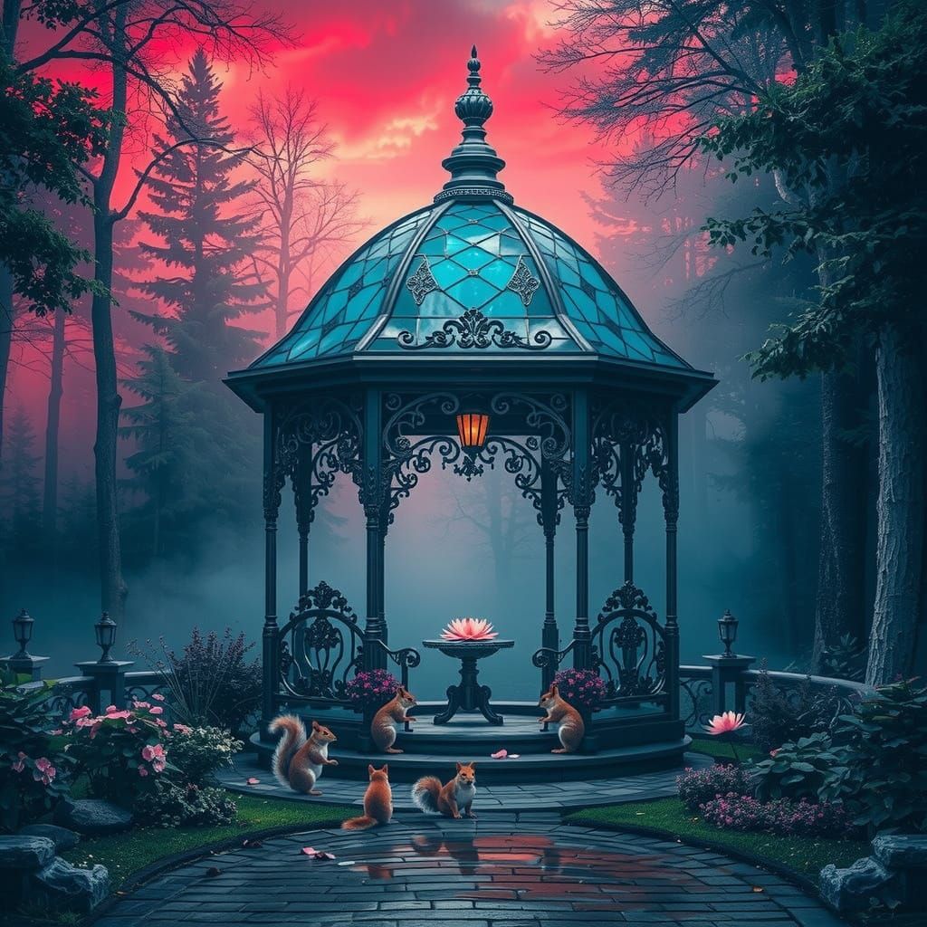 Whimsical Stained Glass Gazebo in a Mystical Forest Scene