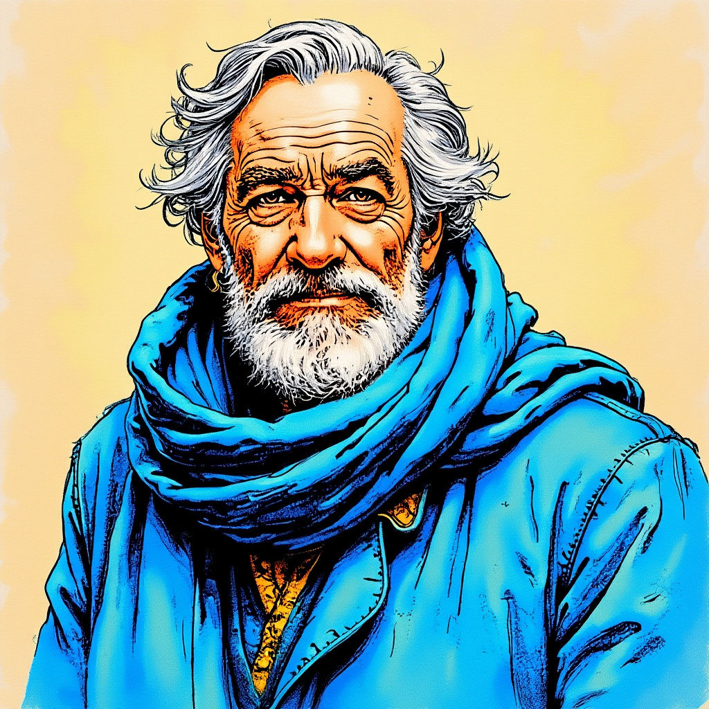 Kind Old Man with Blue Scarf Pen Sketch