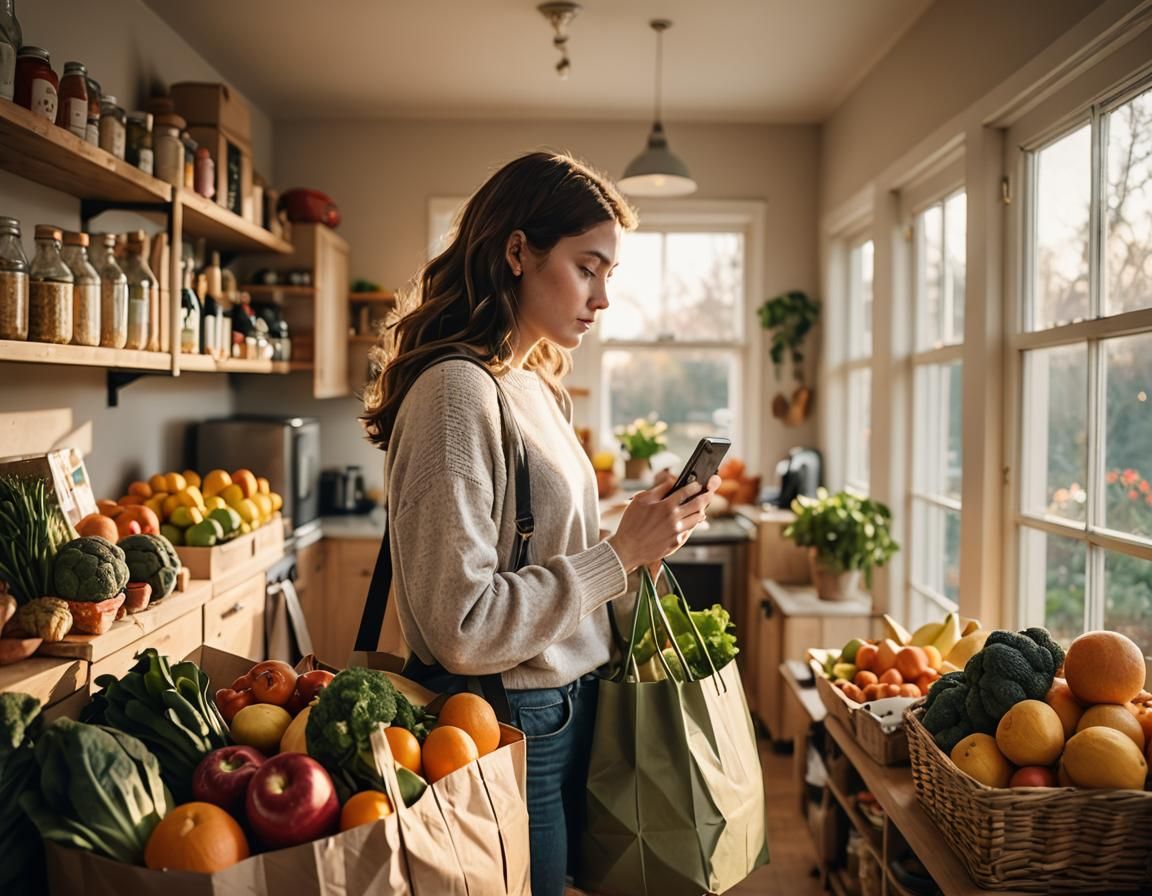 Cozy Domestic Scene with Girl and Groceries