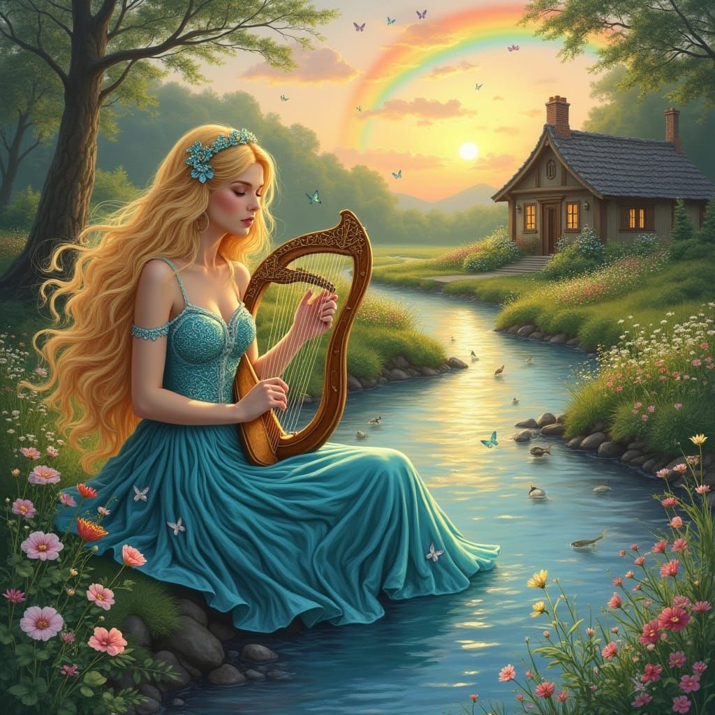 Whimsical Celtic Princess Plays Lyre Harp by Sunset Stream