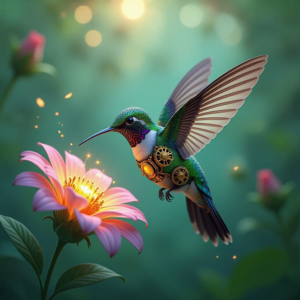 Steampunk Hummingbird Sipping Nectar in Bioluminescent Grove