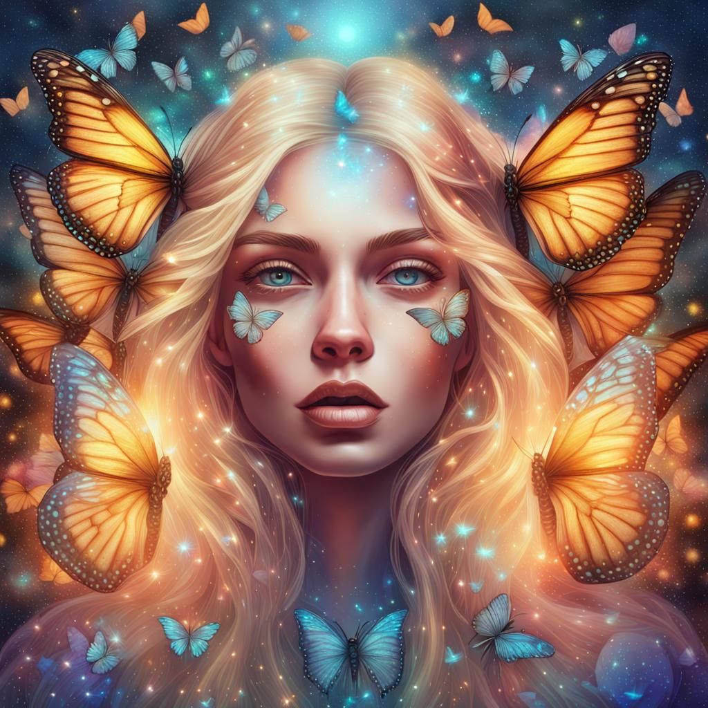 Blonde Woman with Butterflies: Astral Cosmic Illustration