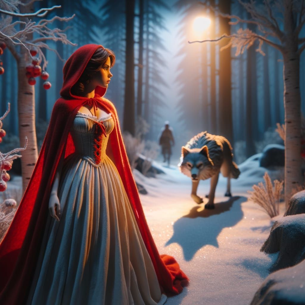 A Winter Woodland Scene of Red Riding Hood Being Watched