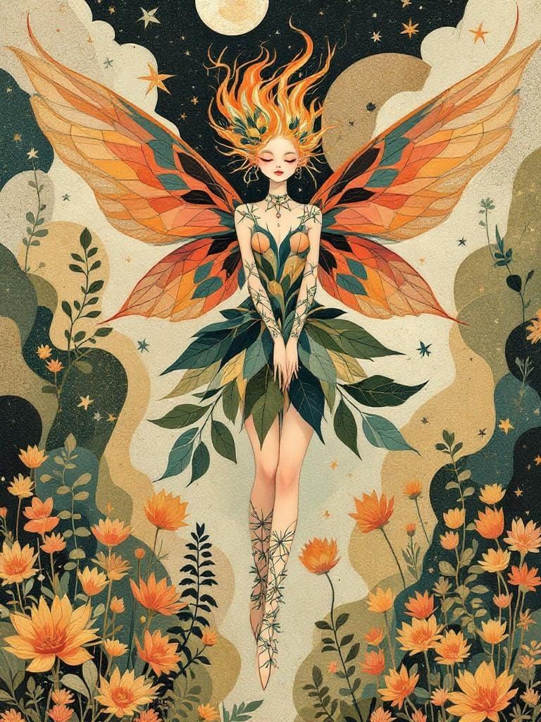 Fairy with Fire Wings in Decorative Storybook Style