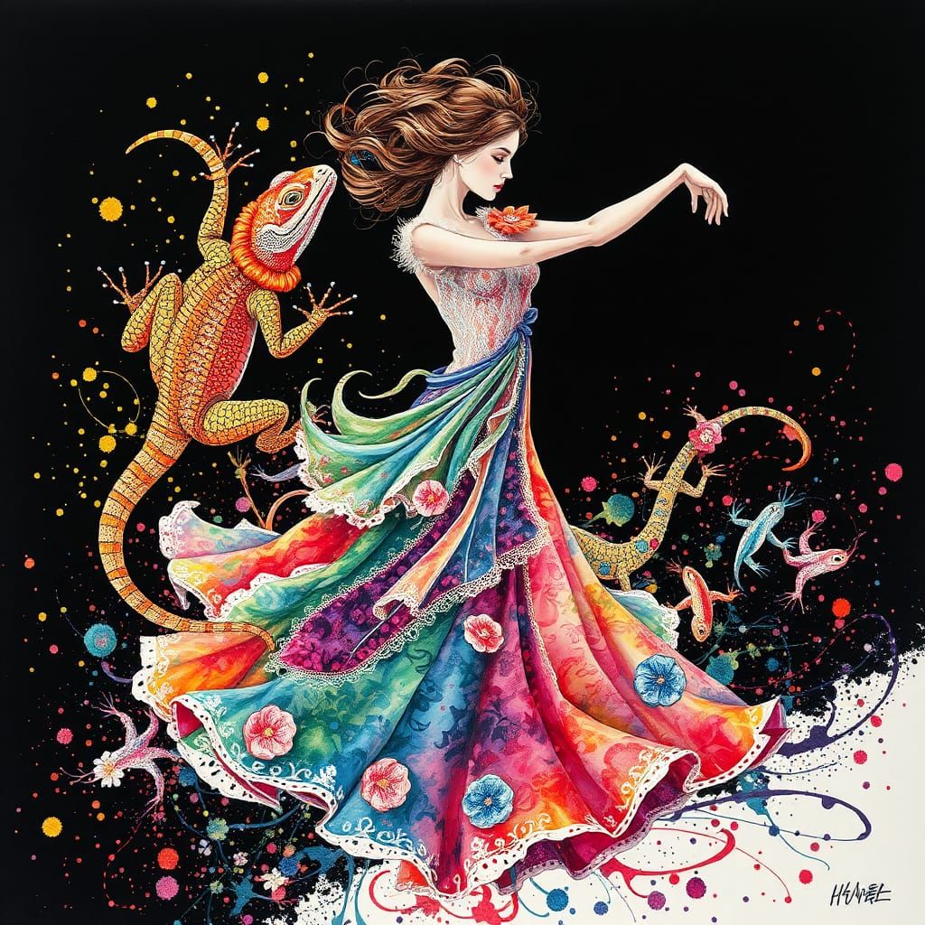 Woman in Lizard Dress: Ink Splatter Art Masterpiece