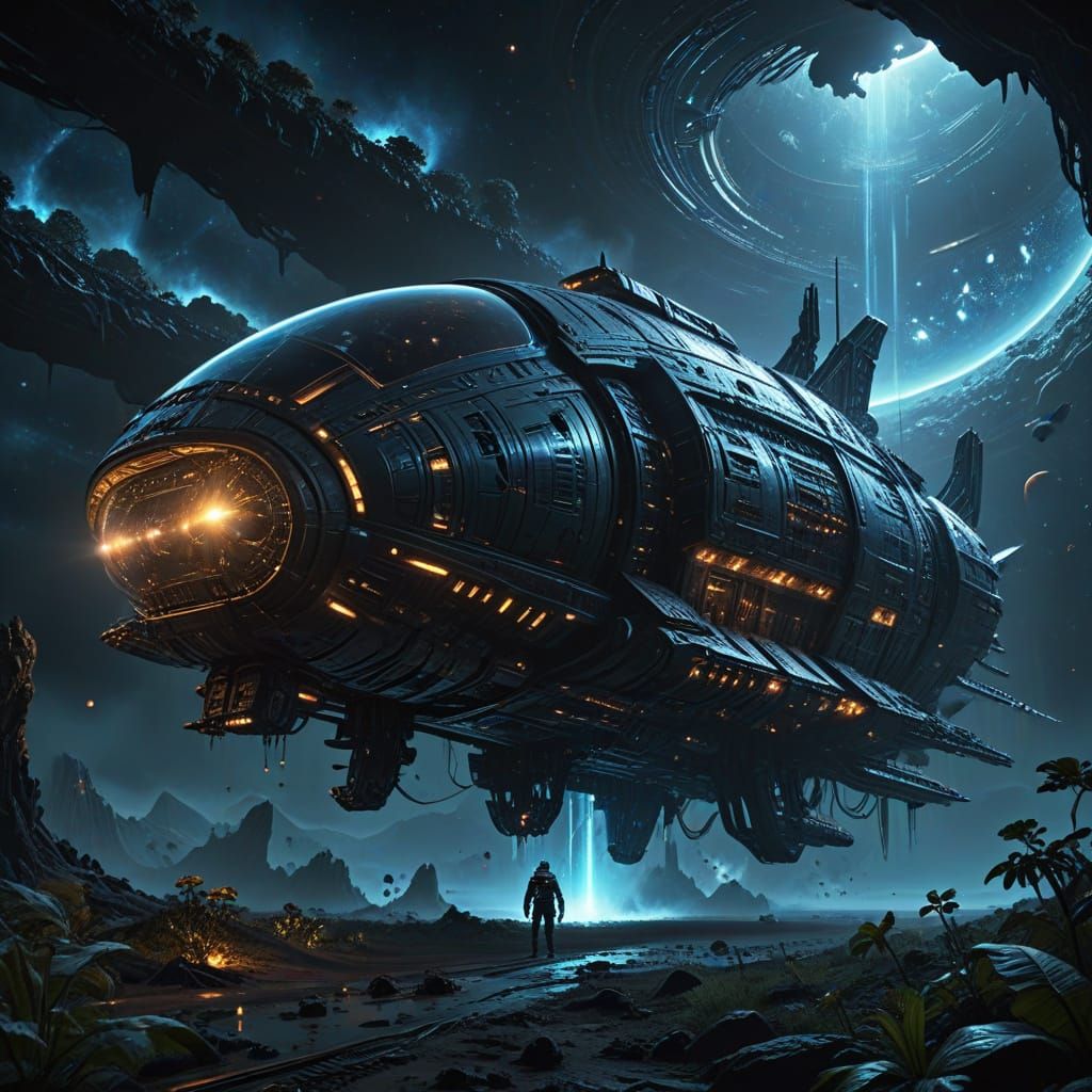 Astronaut Drifts Near Colossal Alien Ship in Cosmic Void