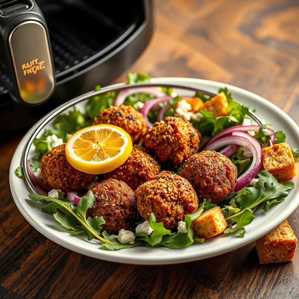 Crispy Kofta and Arugula Salad in Modern Air Fryer Compositi...