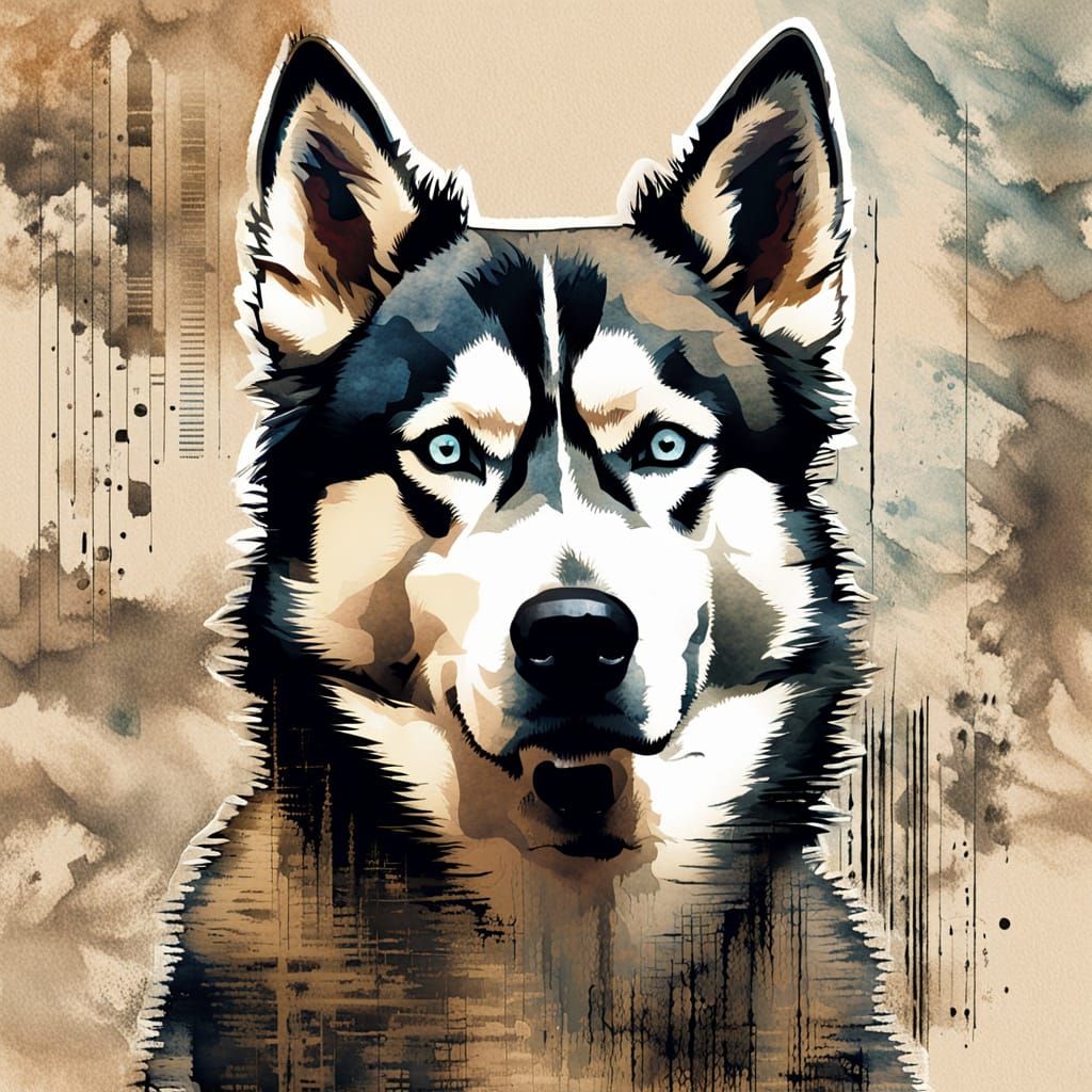Surreal Husky Dog Portrait in Glitch Art Style with Binary C...
