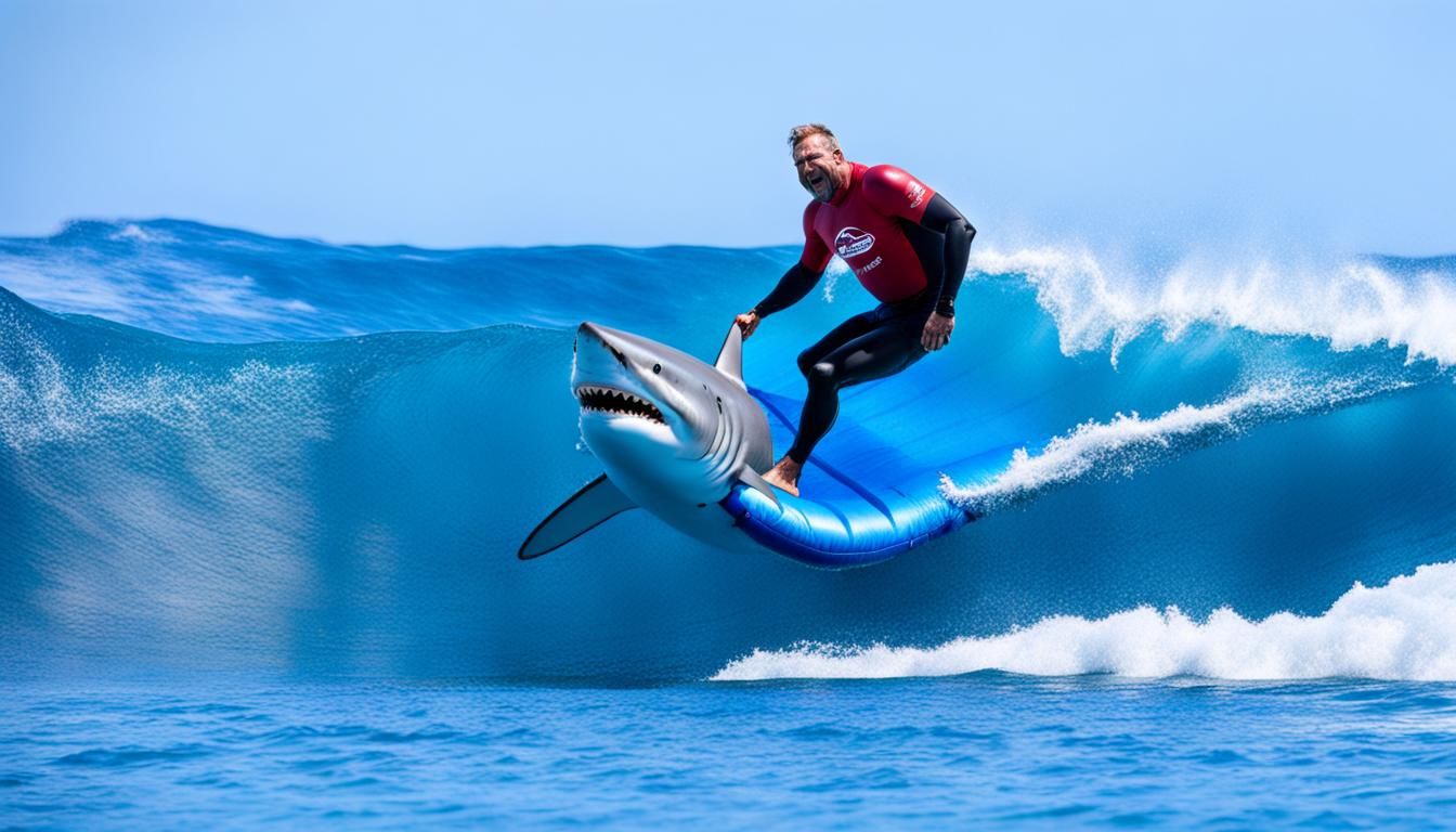 Dad Surfing on Shark Inflatable
