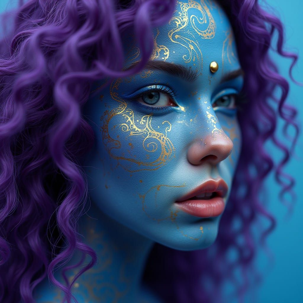 Mysterious Blue Skinned Woman in Vibrant Closeup