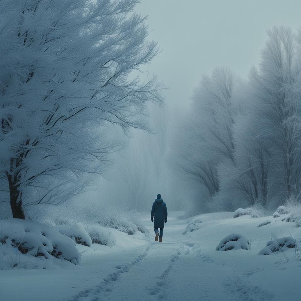Serene Figure Walking in Snowy Winter Landscape