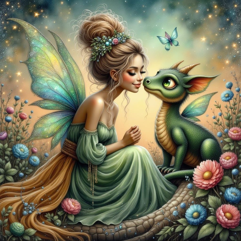 Fairy Kisses Dragon in Dreamy Oil Painting