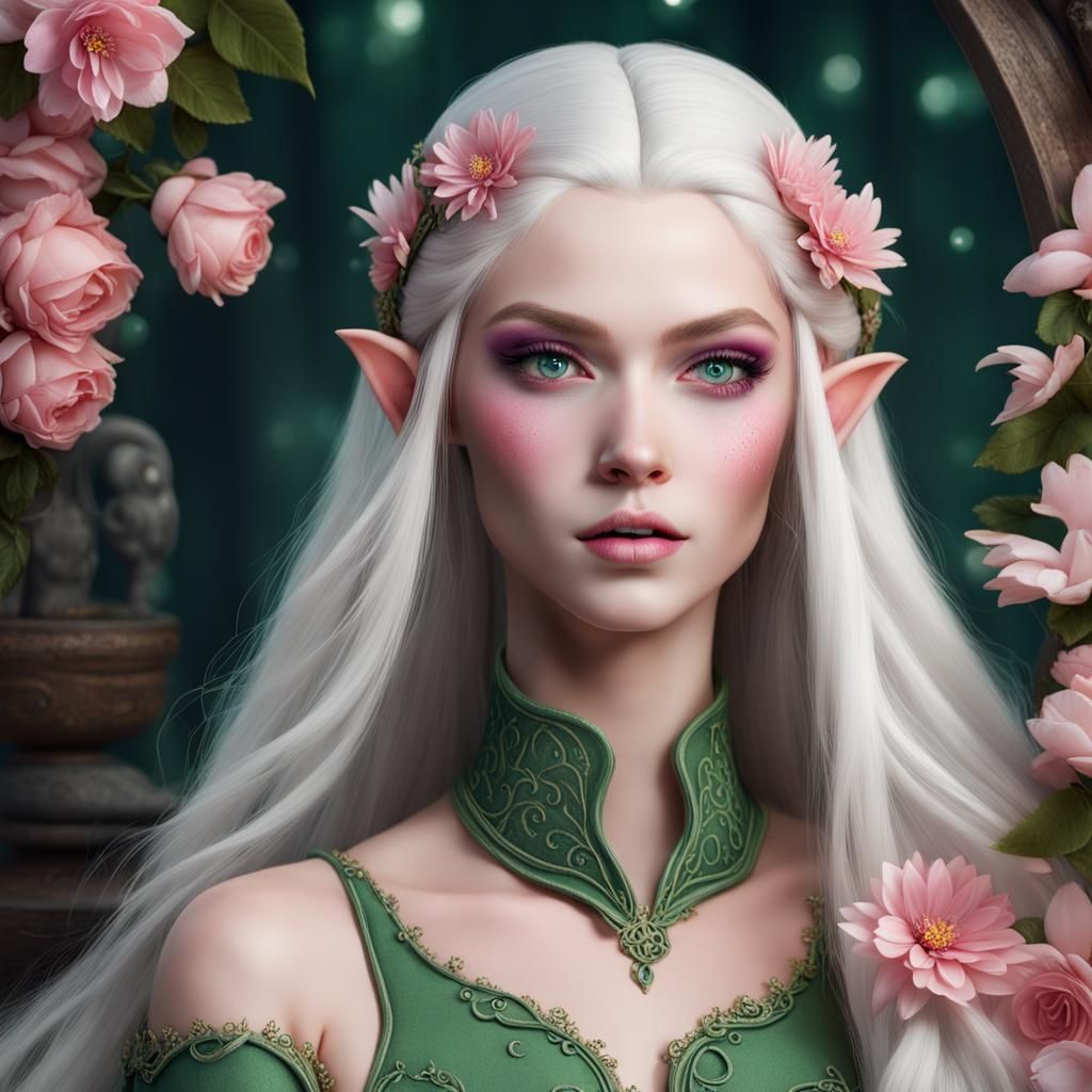 Beautiful Elf with Flowers in Her Hair