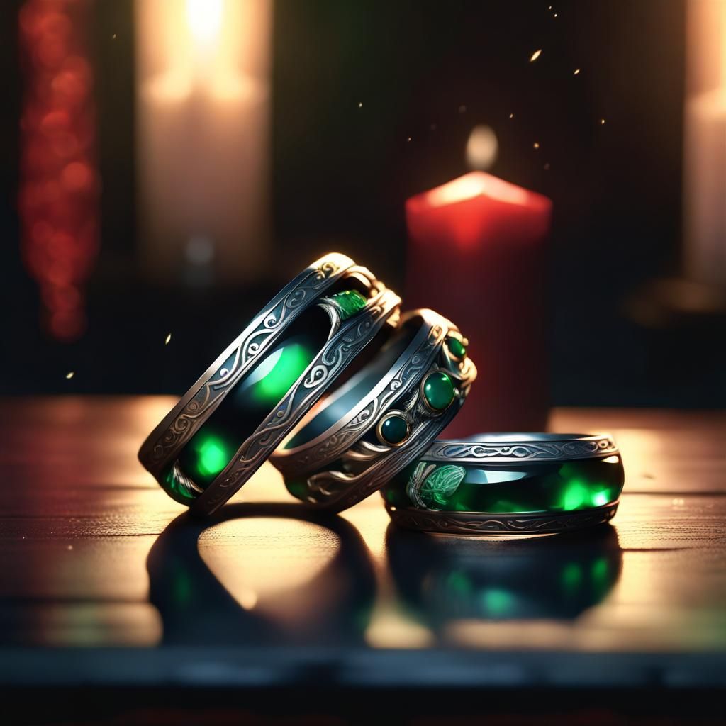 Cursed Obsidian Wedding Rings in Anime Style