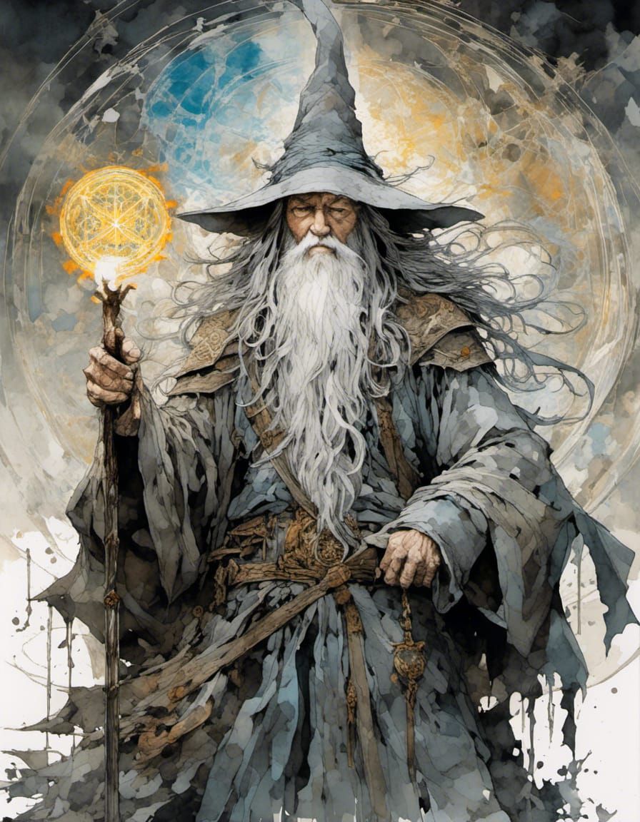 Fantasy Wizard Watercolor Portrait with Sacred Geometry