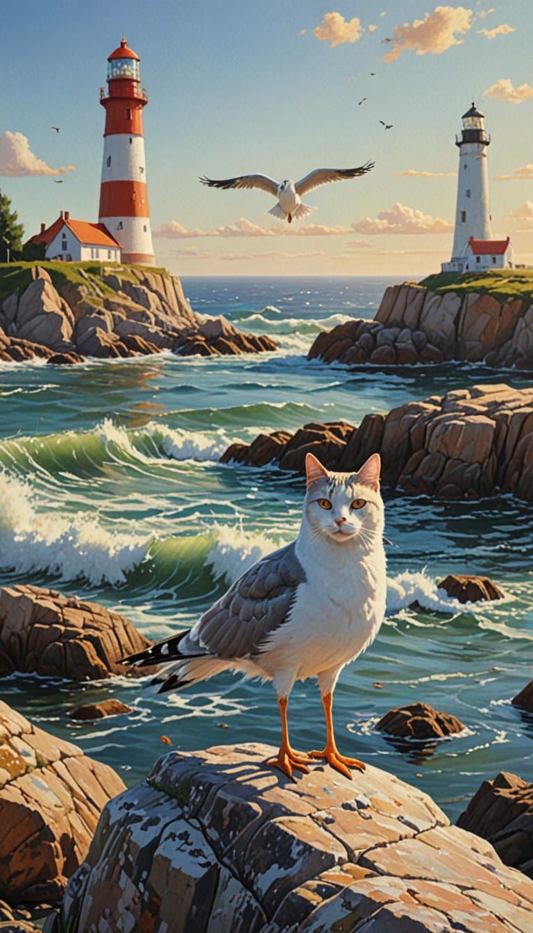 Seagull and Cat Coastal Oil Painting