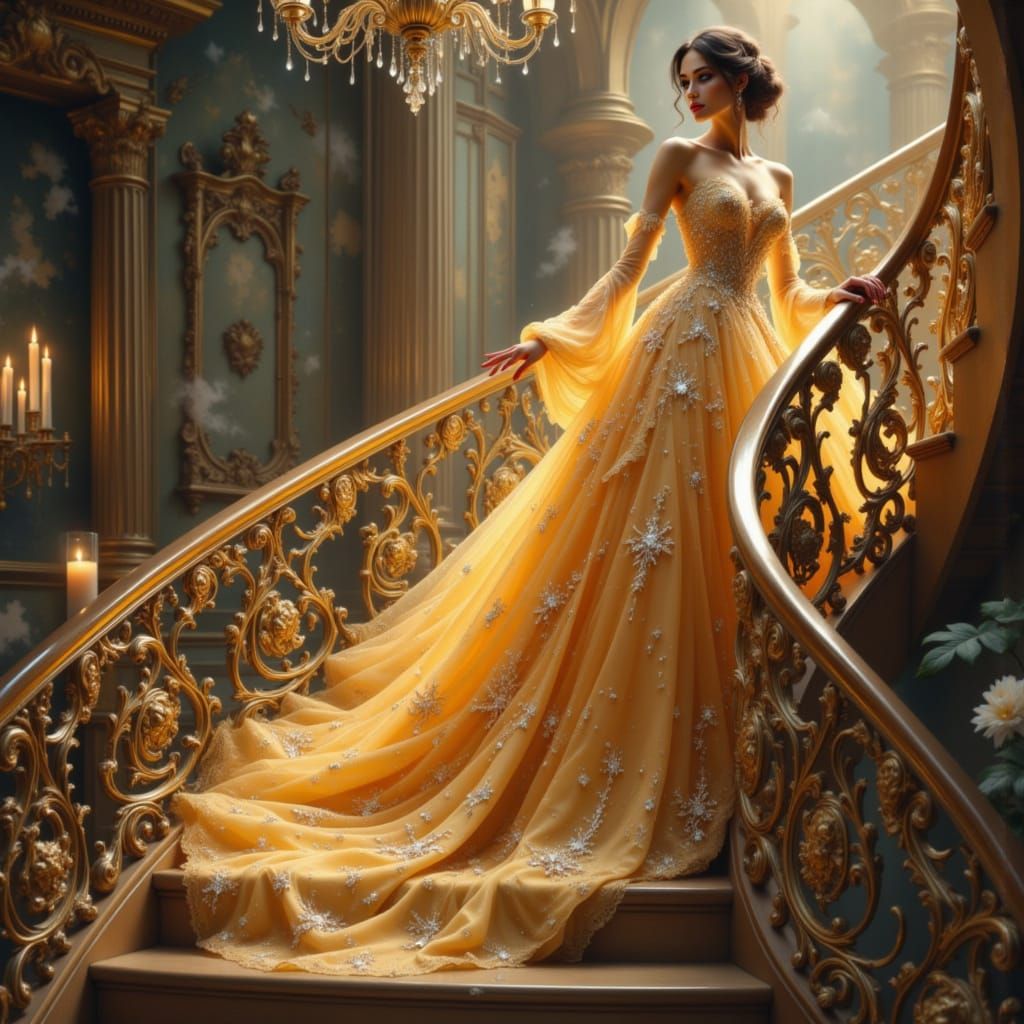Woman in Gown on Grand Staircase, Ethereal Fantasy Style