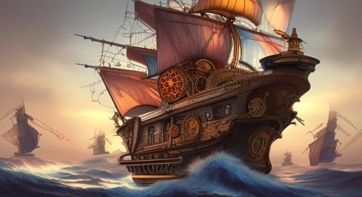 Colorful Steampunk Pirate Ship Illustration