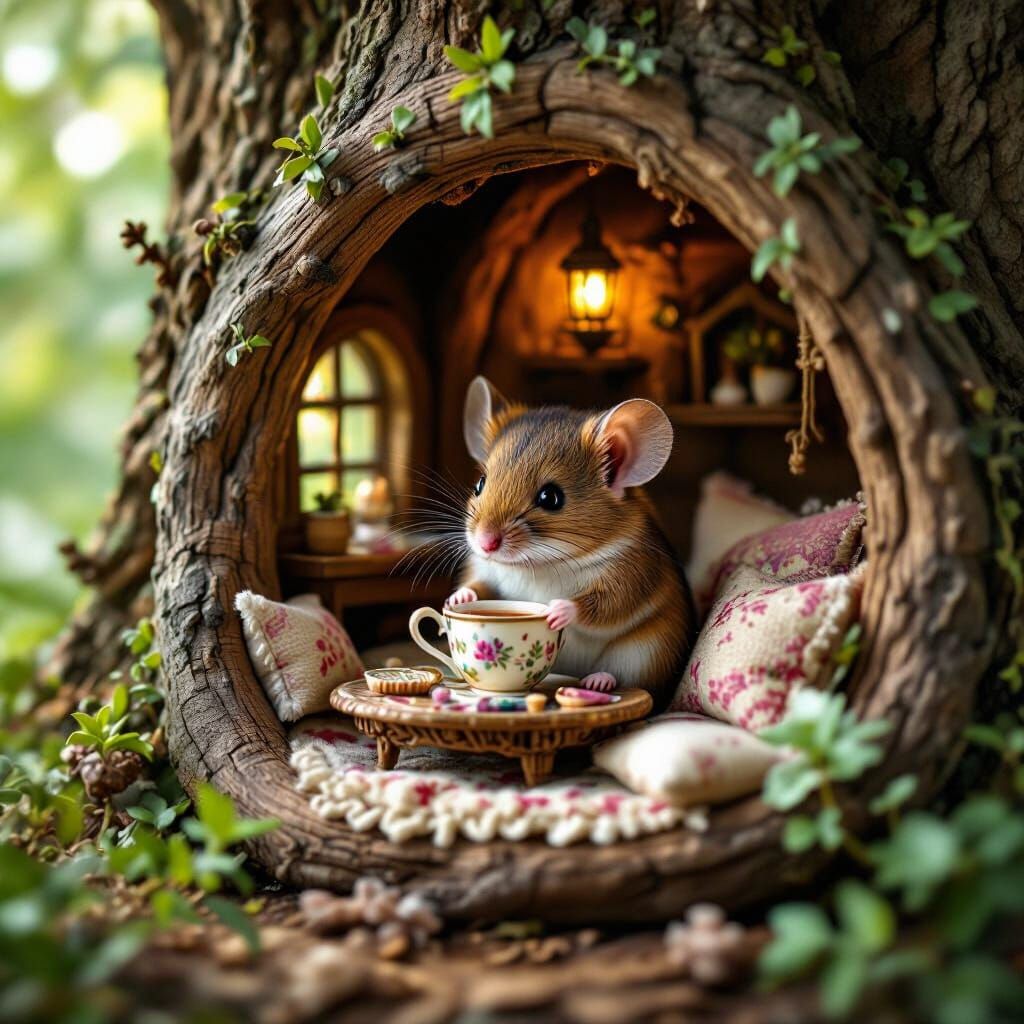 Whimsical Fairy Home: Tiny Mouse Sharing Tea