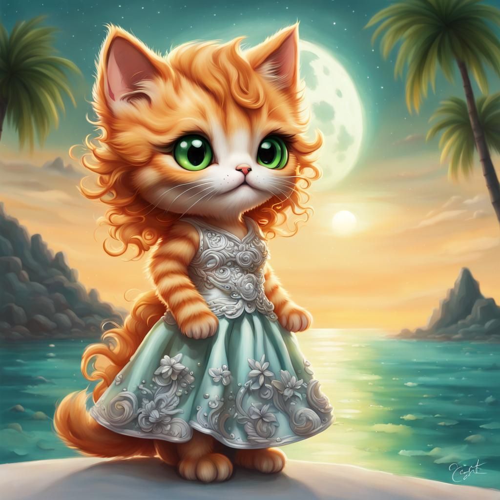 Cute Kitten in Silver Chrome Dress on Tropical Beach