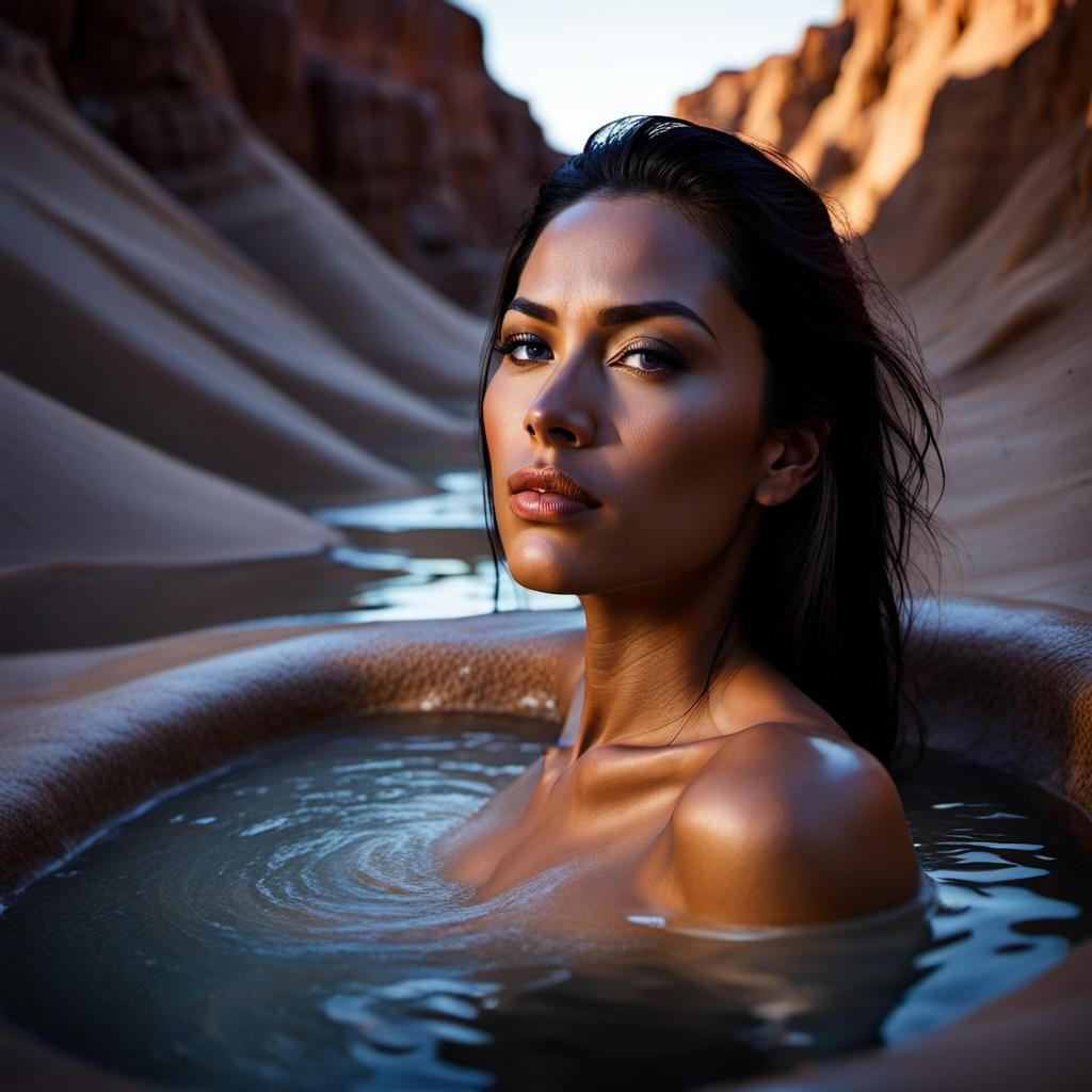 Woman Bathing in Desert Canyon with Chiaroscuro