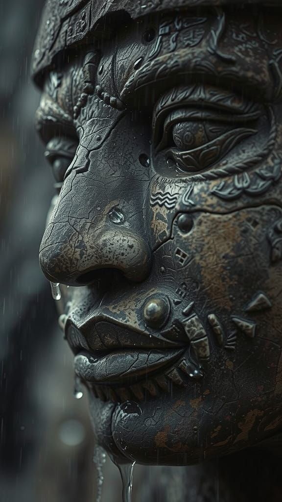 Cracked Olmec Stone Head in Rain, Cinematic Close-Up