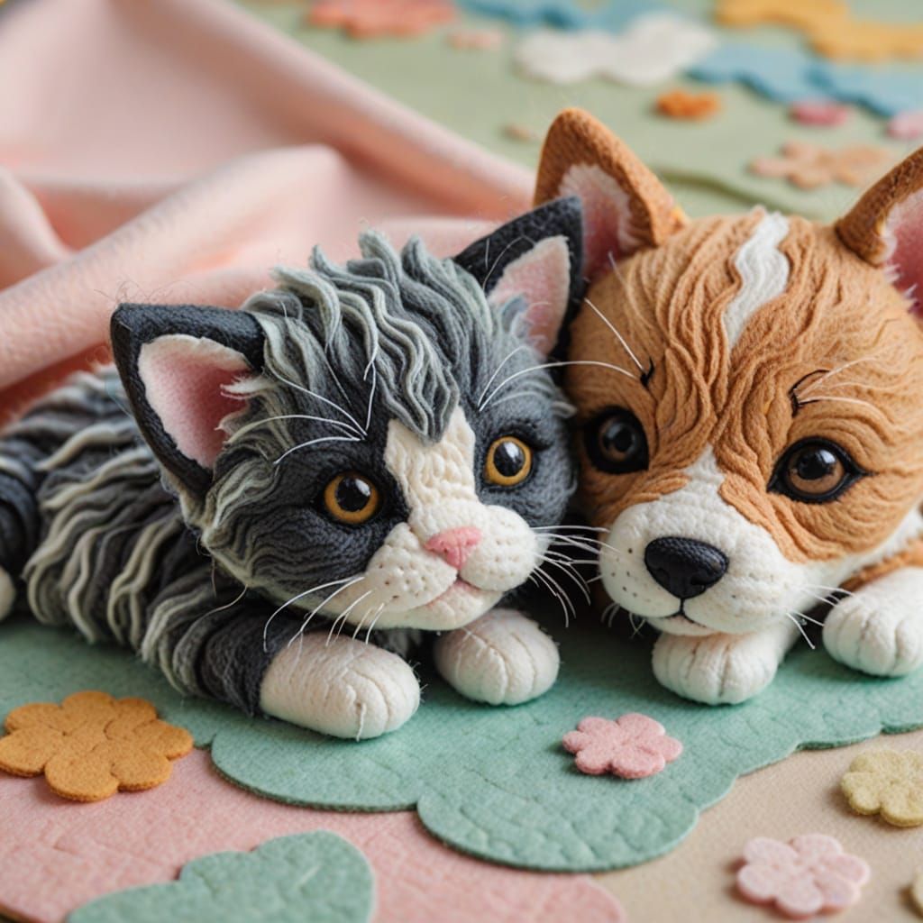 Playful Dog and Kitten in Whimsical Felt Art