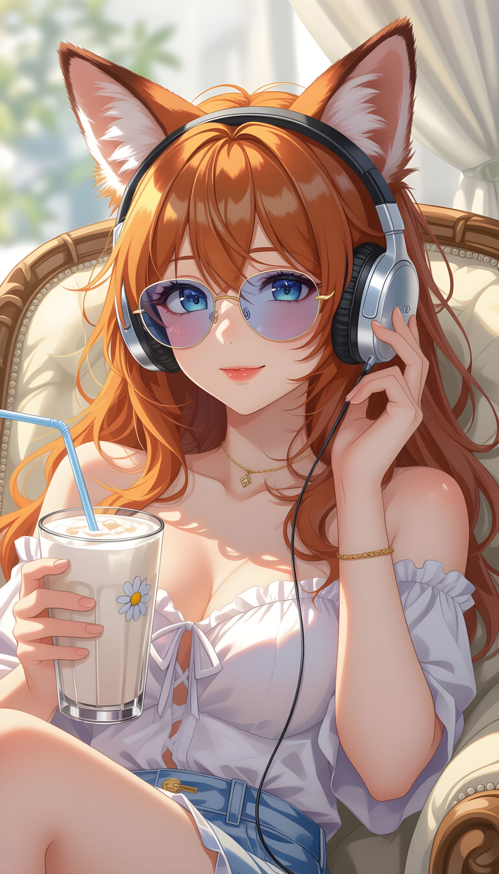 Anime Fox Lounging with Milkshake and Headphones