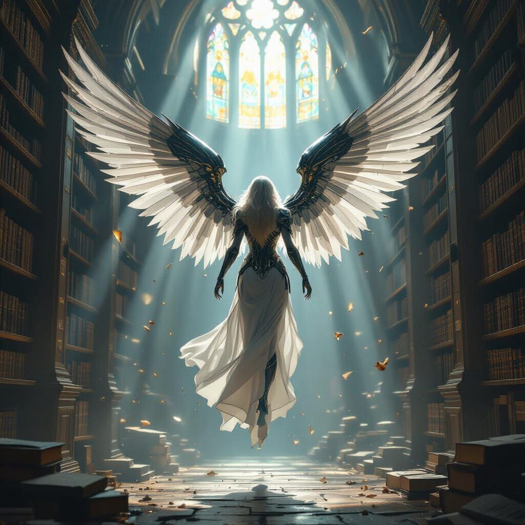 Angel Descends into Ancient Library with Biomechanical Wings