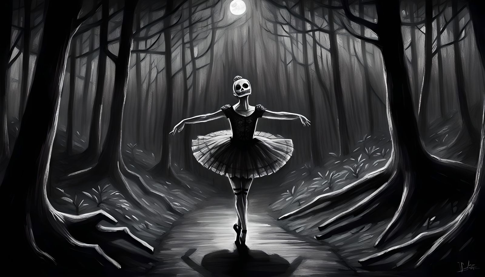 Creepy Headless Ballerina in Dark Forest: Pencil Sketch