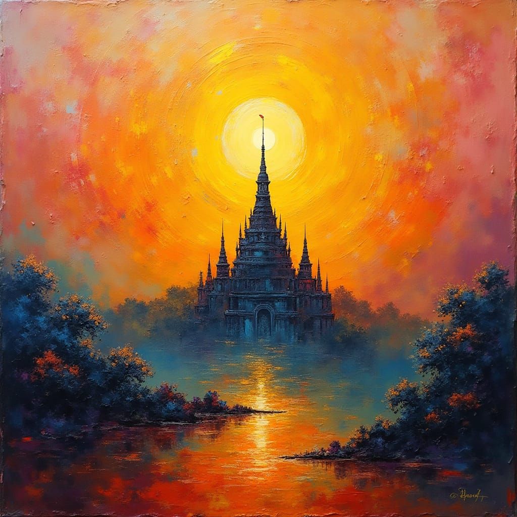 Serenely Harmonious Temple Scene in Neo-Expressionist Oil Pa...