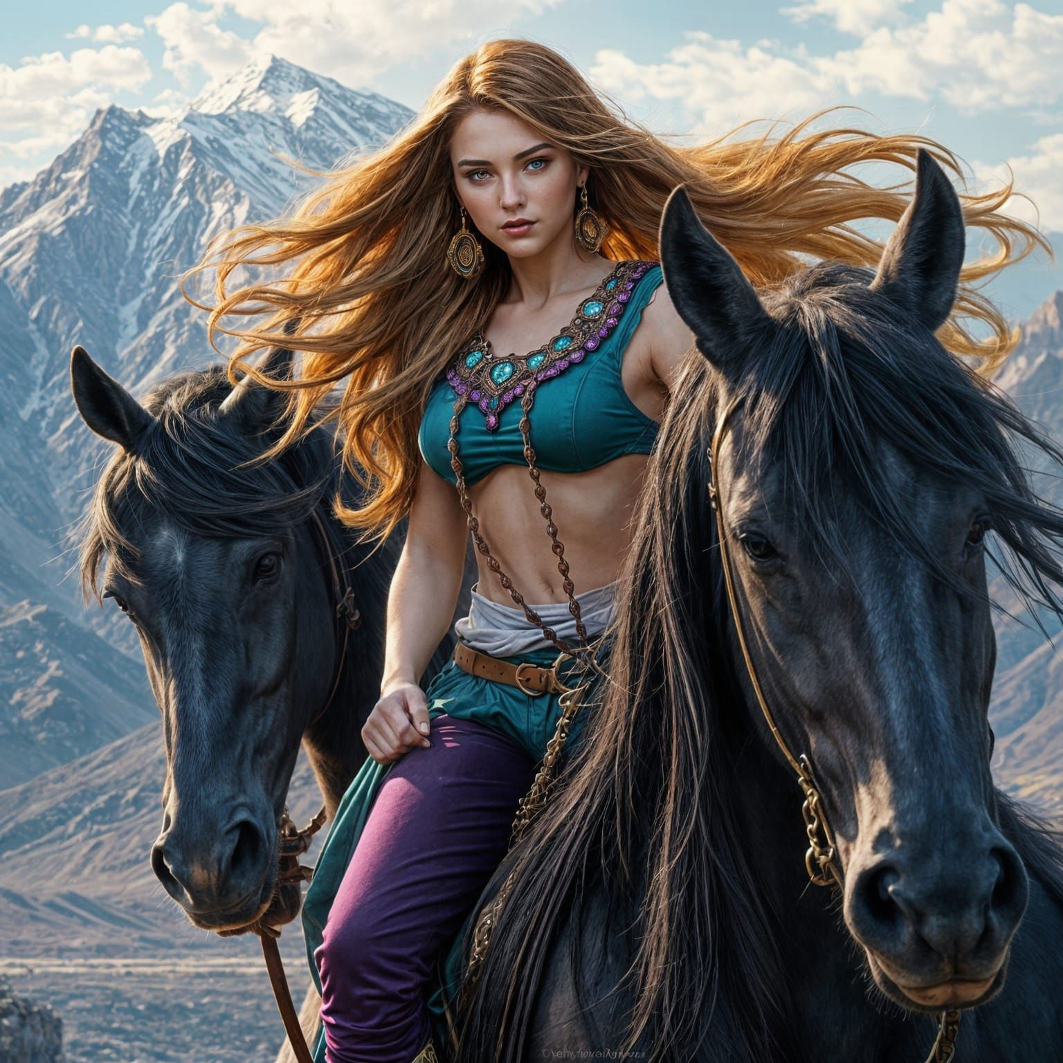 Woman and Horse in Teal and Purple Fantasy Landscape