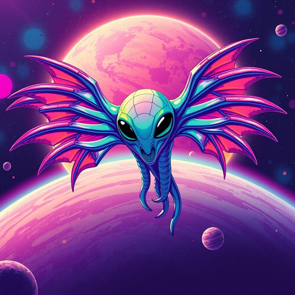 Giant Alien Slime Flies Over Jupiter in Anime Style